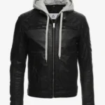 Men Cafe Racer Black Hooded Leather Jacket
