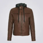 Mens Brown Biker Hooded Leather Jacket
