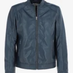 Mens Navy Leather Cafe Racer Jacket