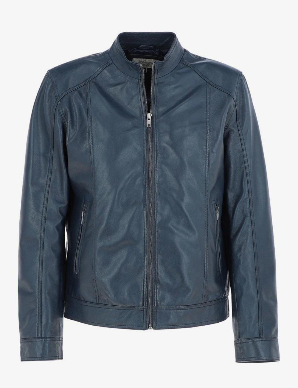 Mens Navy Leather Cafe Racer Jacket