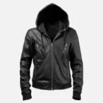Mens Top notch Hooded Black Leather Jacket