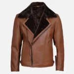 Men Cognac Leather Shearling Moto Jacket
