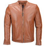 Mens Tan Tanned Leather Ribbed Biker Jacket