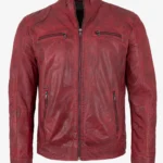 Men Red Racer Real Full zippered Leather Jacket