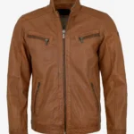 Men Multi Pocket Amber Tan Cafe Racer Jacket