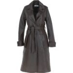 Women Dark Brown Longline Waist Tie Leather Coat