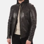 Mens Hooded Athens Black Leather Jacket