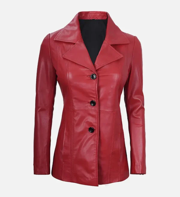 Women Red Real Leather Blazer