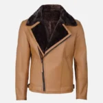 Mens Camel Shearling Lined Leather Biker Jacket
