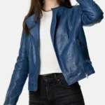Women Stylish Blue Leather Cafe Racer Jacket
