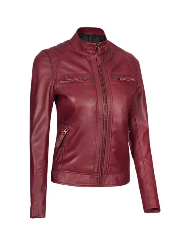 Women Maroon Cafe Racer Quilted Jacket