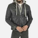 Mens  Black Leather Shaldon Hoodie Lambskin Jacket