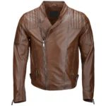 Men Camel Ribbed Leather Motorcycle Jacket