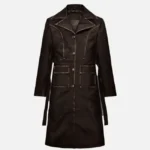 Women Long Rubbed Dark Brown Leather Coat