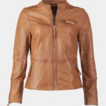 Women Sandy Tan Leather Cafe Racer Jacket