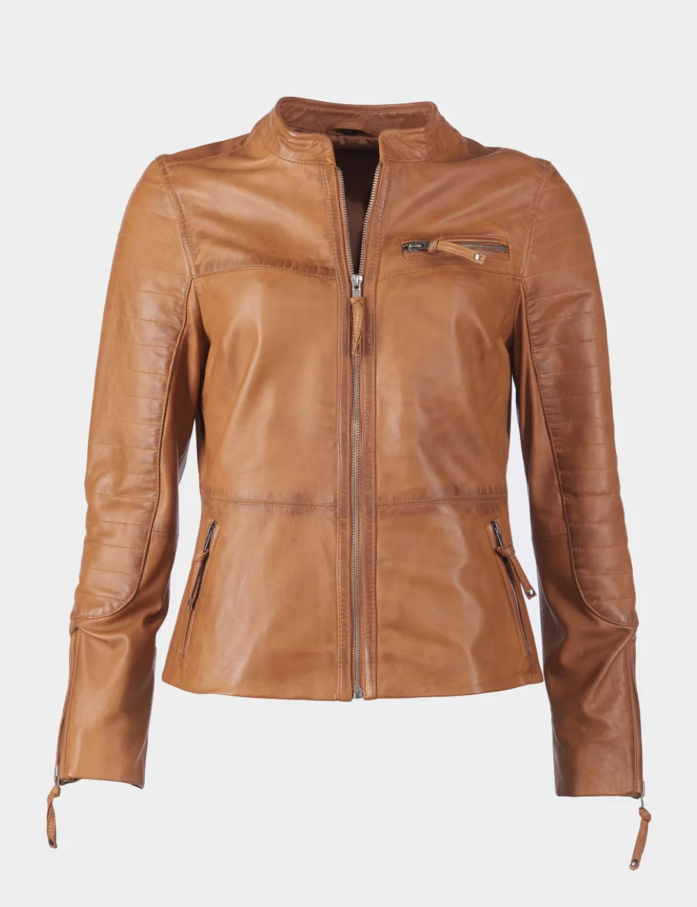 Women Sandy Tan Leather Cafe Racer Jacket