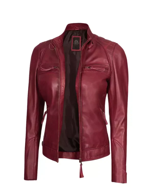 Women Maroon Cafe Racer Quilted Jacket