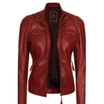 Women Maroon Cafe Racer Quilted Jacket