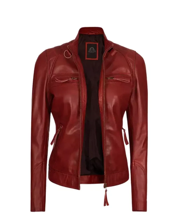 Women Maroon Cafe Racer Quilted Jacket