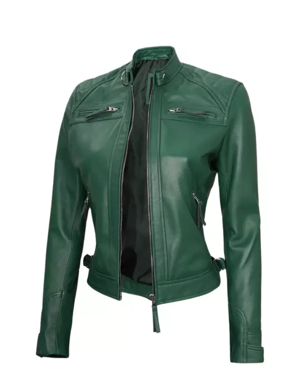 Women Green Motorcycle Leather Jacket