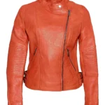 Women Orange Leather Cafe Racer Jacket