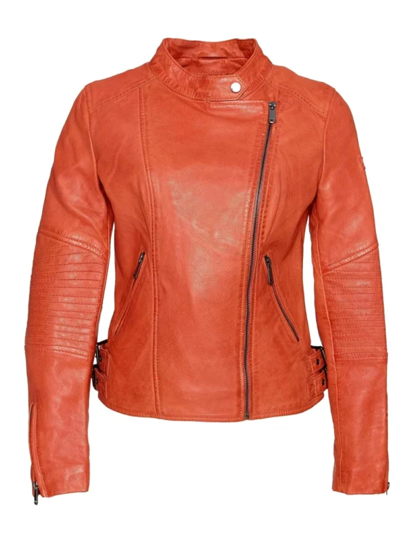 Women Orange Leather Cafe Racer Jacket