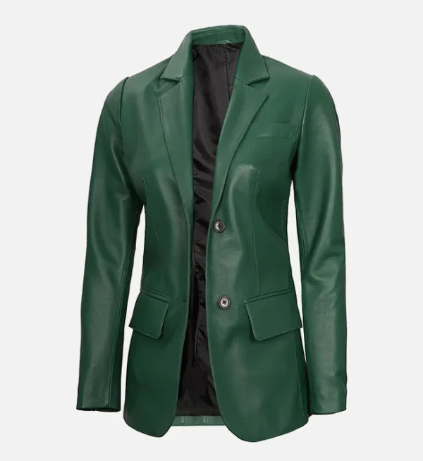 Women Stylish Two Button Green Leather Blazer