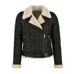 Women Black Leather Faux Fur Shearling Biker Jacket