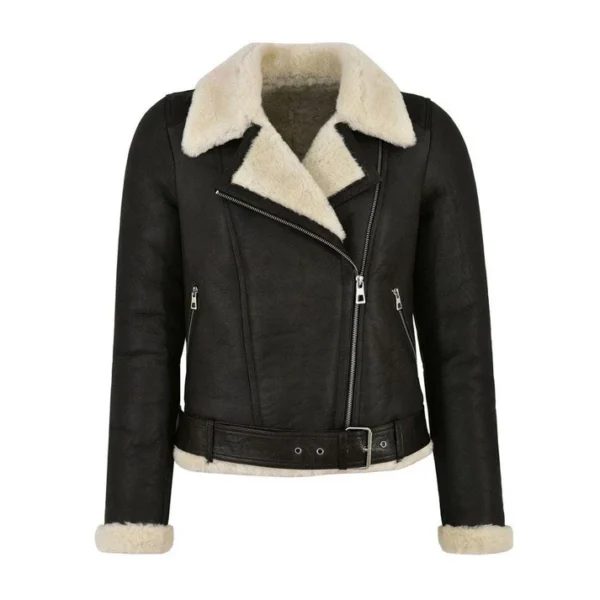 Women Black Leather Faux Fur Shearling Biker Jacket