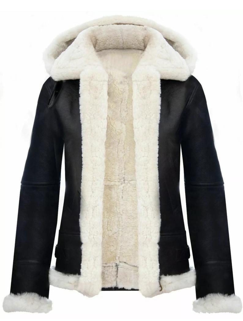Women Black Hooded Shearling Jacket