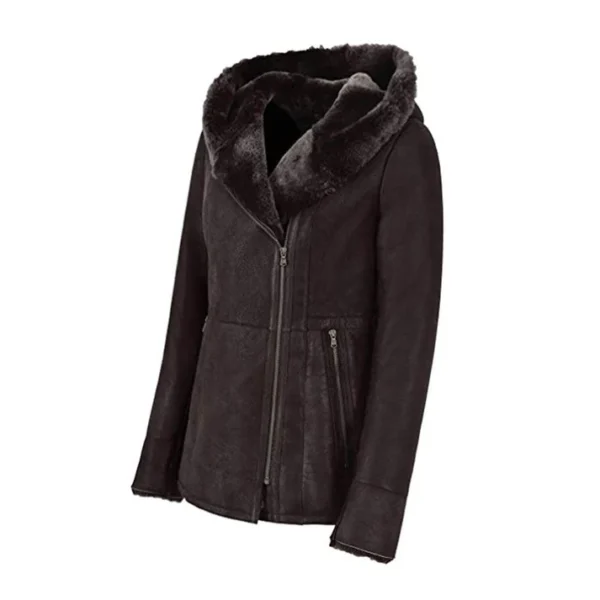 Women Dark Brown Hooded Fur Shearling long Jacket