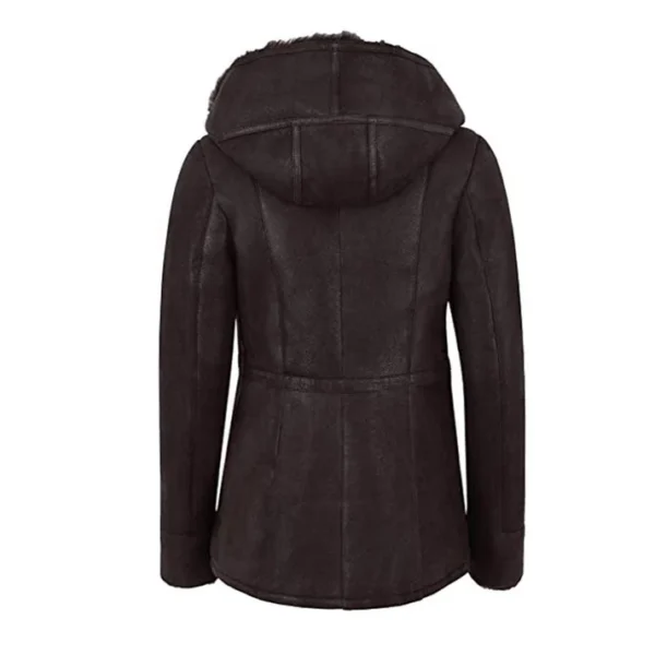Women Dark Brown Hooded Fur Shearling long Jacket