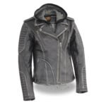 Women Grey Rub Off Hoodie Motorcycle Leather Jacket