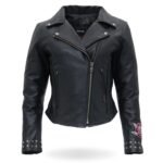 Women Black Motorcycle Leather Embroidered Jacket