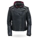 Women Motorcycle Removable Hoodie Leather Jacket