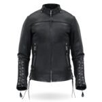 Women Motorcycle Lace Up Sleeves Leather Jacket