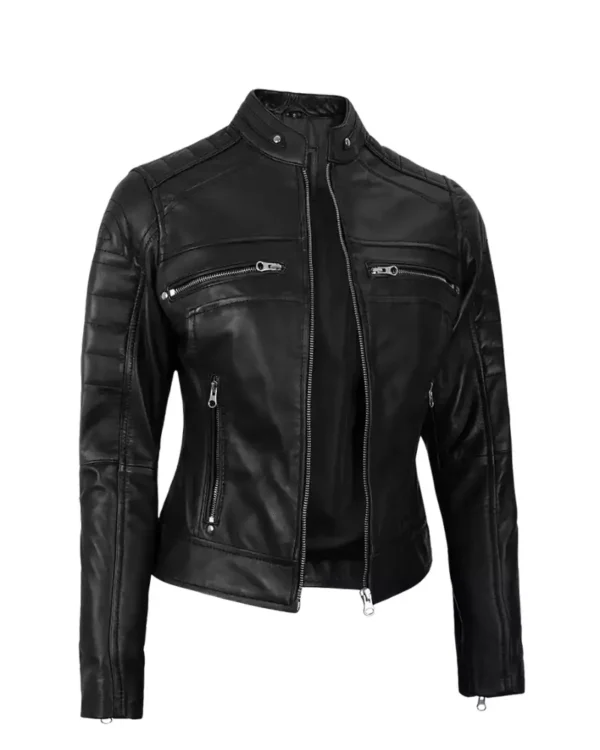 Women Black Cafe Racer Biker Leather Jacket
