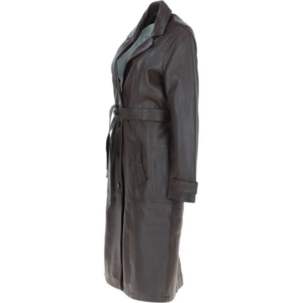 Women Dark Brown Longline Waist Tie Leather Coat