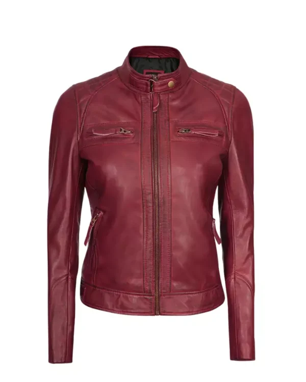 Women Maroon Cafe Racer Quilted Jacket