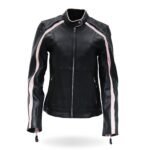 Women Pink Striped Motorcycle Leather Jacket