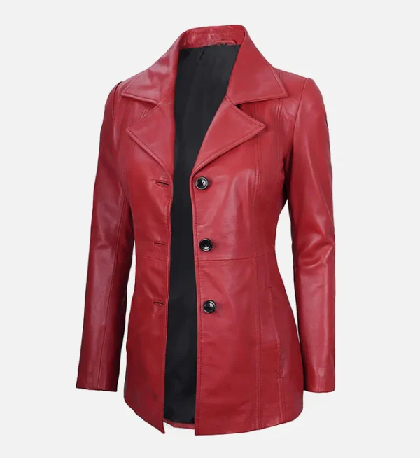 Women Red Real Leather Blazer