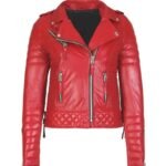 Women Quilted Red Boda Style Motorcycle Jacket
