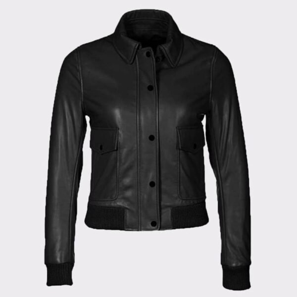 Women Classic Black Leather Bomber Jacket