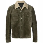 Men Distressed Green Leather Trucker Jacket