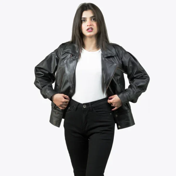 Women Black Tall Biker Leather Jacket