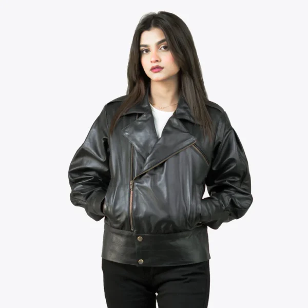 Women Black Tall Biker Leather Jacket