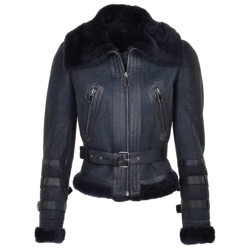Women Black Sheepskin Leather Bomber Fur Jacket