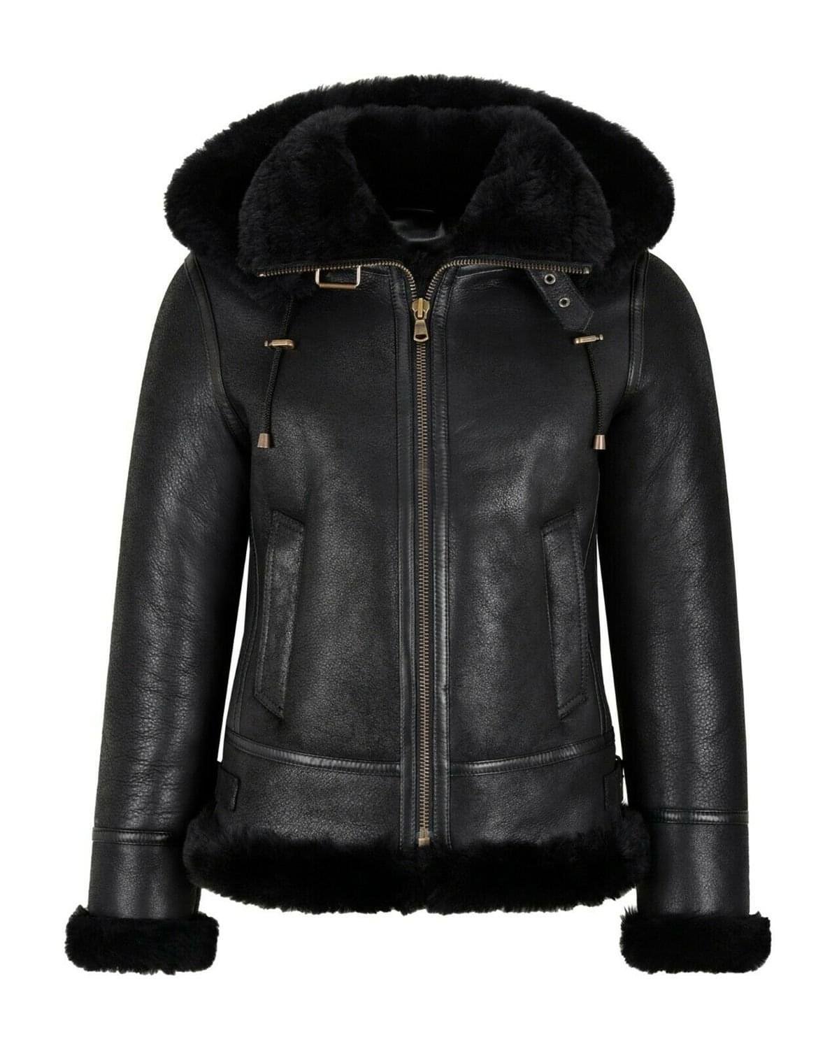 Women Shearling Black Leather Hooded Jacket