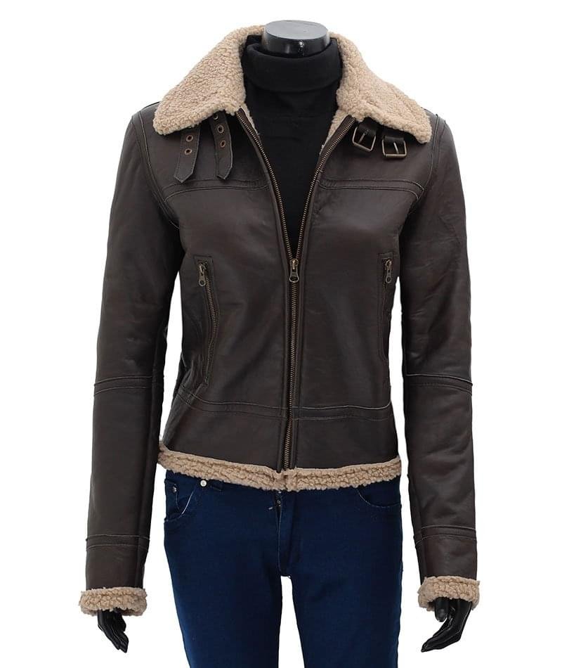 Women Dark Brown Leather Bomber Shearling Jacket