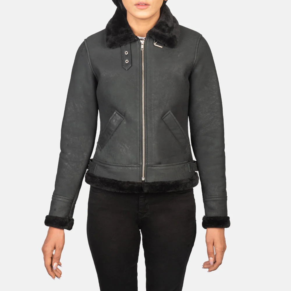 Women Distressed Black Leather Bomber Jacket
